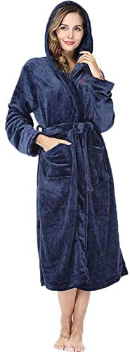 Nuofengkudu Donna Coppia Caldo Pile Accappatoio con Cappuccio Tasche Cintura Morbido Kimono Vestaglia Notte Casa Viaggio Spa Hotel Bagno Abbigliamento Casa Pigiami Regali(Hoodie-Blu Navy,M)