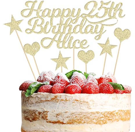 Happy Birthday Cake Topper Personalised 3 Star 3 Heart Customised Name Party Cake Decoration Gift 1st 18th 21st 30th 45th 60th 80th 100th for Girl Boy Mom Dad Grandparent Champagne Gold