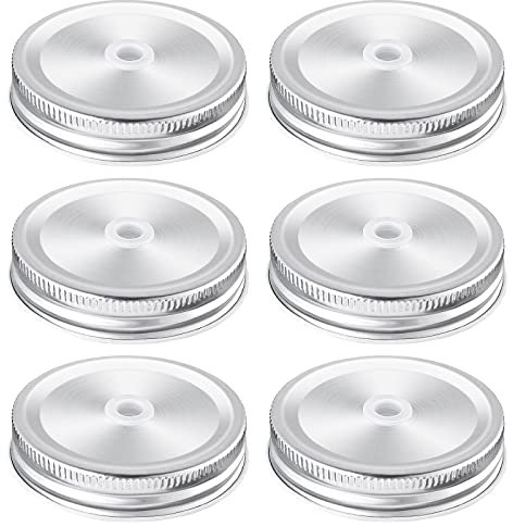 ASTER Lot de 6 couvercles de bocaux Mason avec trou de paille - 70 mm Couvercles de Pots Mason pour bocaux à ouverture normale, couvercles de conserves étanches en acier inoxydable, Argentés