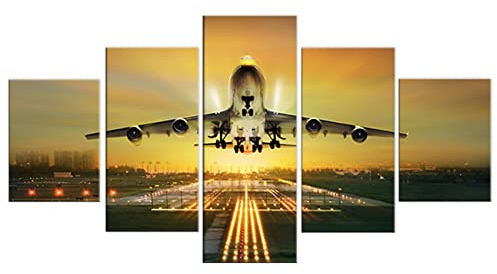 ZHONGYUTONG 5 Stück Flugzeug Kunstdruck Flughafen Start Leinwand Bild Flugzeug Poster Malerei Wand für Wohnzimmer Wohnkultur (100x55cm, Kein Rahmen)