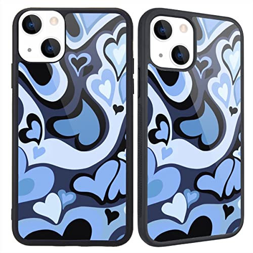 MAYCARI Aesthetic Blue Heart Case for iPhone 13 - Girls Women Lovely Heart Design Hard Back Case with Soft TPU Bumper Protective Cover
