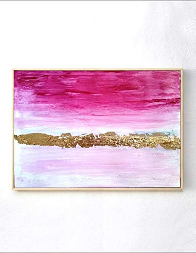 Tableau abstrait, grand tableau, tableau moderne, tableau feuille d'or, tableau rose et or, grand tableau abstrait,