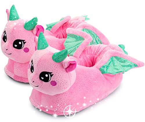 corimori Glimmer der Drache, glitzernde Tier-Hausschuhe für Kinder, witzige Tier-Pantoffeln für Mädchen, EU Einheitsgröße 25-33.5, rosa-grün