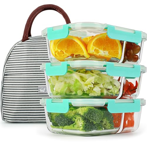 3 Pack 36oz Glass Food Storage Containers 2 Compartments Glass Meal Prep Containers with Lids Lunch Containers for Adult Food Prep Container with Dividers Reusable Lunch Bento Box Meal Prep Bowl