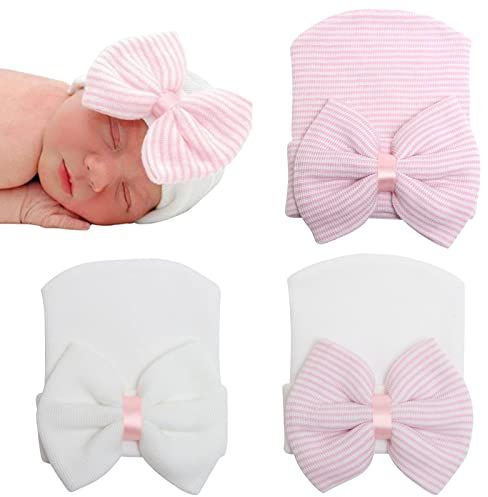 DRESHOW 3 Stück Neugeborenen Krankenhaus Hut Infant Baby Hut Mütze Mit Großen Bogen Weichen Niedlichen Knot Kindergarten Mütze
