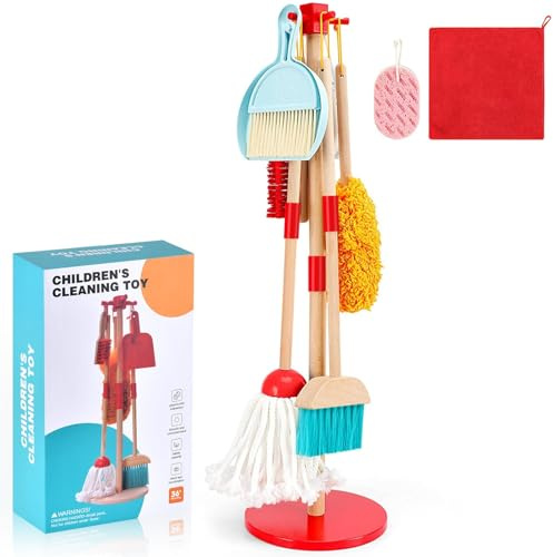 WHOHOLL Wooden Cleaning Toy Set Kids Broom and Dustpan Set for Housekeeping 9 Pcs Broom and Mop Set for Toddlers 3-6, Cleaning Toys with Sponge, Christmas Birthday Gifts for Boys Girls