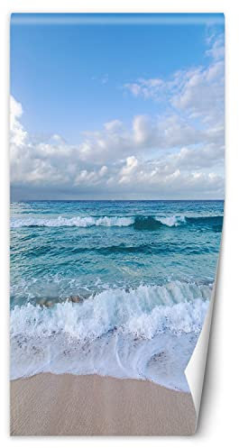 Feeby Papier Peint Autoadhésif de Porte Mer Plage Vagues 100x200 cm Décoration À La Maison Cuisine Salon Chambre Restaurant Bureau Eau Sable Nuages bleu