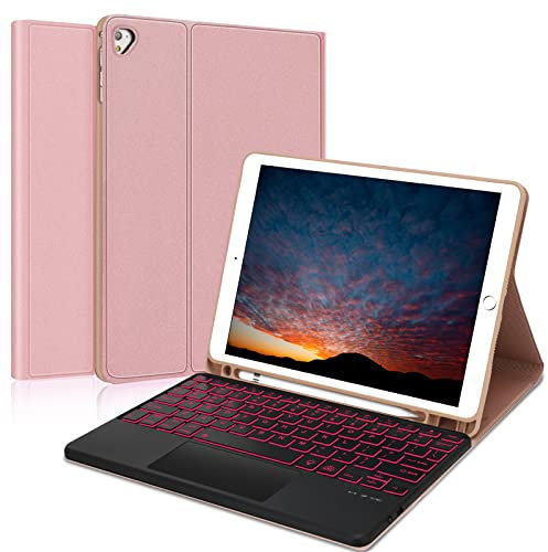 SENGBIRCH iPad Keyboard Case 9.7 inch, Touch Trackpad Compatible with iPad 6th, 5th Generation, iPad Air 2,iPad Air, Protective Folio Cover with Wireless Bluetooth Keyboard-Candy Pink