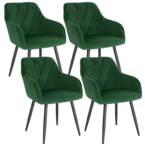 WOLTU 4er Set Esszimmerstühle mit Armlehne Rückenlehne, für Esszimmer Wohnzimmer Küche, Bequeme Küchenstühle gepolstert mit Samtbezug, Metallbeinen, Dunkelgrün