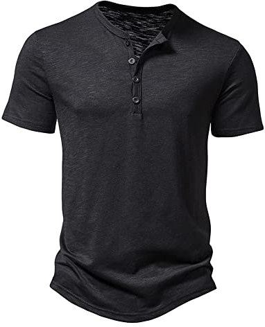 Men's Casual Grandad Collar Henley T Shirt Muscle Fit Summer Smart Short Sleeve 4 Buttons Tee Slim Fitted Collarless Polo T-Shirts Tops-Black-L