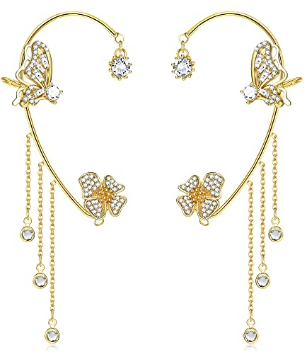 JeweBella 2 Stück Ear Cuff für Damen Mädchen Silber/Gold Ohrklemme Blume Schmetterling Ohrringe Ohrmanschette Ohrclips Damen Ohne Ohrlöcher Schmetterling Ohrstulpen Ohrringe für Frauen