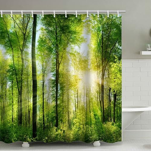 MMHJFANG Tenda da doccia 3D con scena da giardino, sole, foresta verde, natura, paesaggio, tenda da bagno, impermeabile, in legno nebbioso, paesaggio montano, valle, tenda da doccia per esterni, con