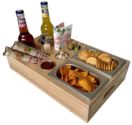 BO | BOHOFF QUALITY PRODUCTS PREMIUM Couchbar - Kiriholz - 3 Farben - 3 Dipschalen 2 Snackschalen 2 Untersetzer 1 Flaschenöffner, Snackbox Organizer Flaschenhalter - Sofa Butler Serviertablett (Holz)