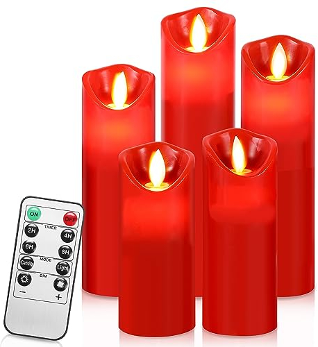 Randaco LED Kerzen mit Timerfunktion | Flackernde Echtwachs-Kerzen mit 10-Tasten Fernbedienung | 5er Set 13/14/16/18/20CM Flammenlose-Kerzen, LED-Kerzen (Rot)