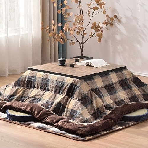 Ensemble Kotatsu De Style Japonais - Table Chauffante À Motif À Carreaux, 4 Pièces, Table Basse De Salon (Couleur : Marron, Taille : 75 * 75 * 38CM)