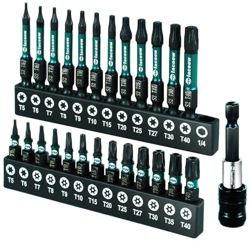 Facoow Torx Bit Set(T5-T40), 26 Pack Security Torx Bits Set with Magnetic Tips,Tamper Proof Star Bits Set S2 Alloy Steel, 1&2 Long Impact Torque Bit Set & 2.3 Self-locking Quick Change Extension