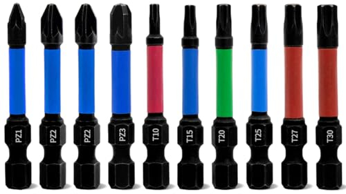 Meccion Pozidriv&Torx Schraubendreher Bit Set PZ1 PZ2x2 PZ3 T10 T15 T20 T25 T27 T30 10tlg. Magnetisch Schlagschrauber Bits, 50mm Länge