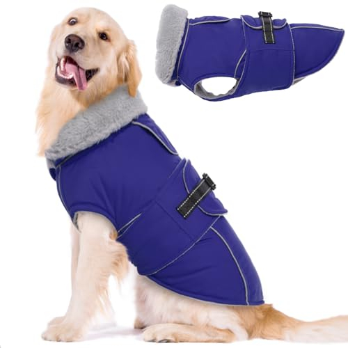 Lelepet Hundemantel Winterweste Reflektierende Fleece Hundejacke für Große Hunde Wasserdicht Hundejacke Wintermantel Warme Winterjacke mit Verstellbarer Schnalle, Blau 2XL