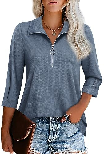 Cuptacc Bluse Damen V-Ausschnitt Business 3/4 Kurz Ärmel Tunika Mode Half Zip Design Langarm Shirt Damen Blau XXL 50-52
