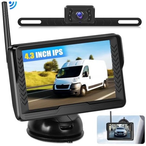 CAMECHO Wireless Reversing Camera Kit 4.3 IPS Reverse Camera Monitor AHD IP69 Waterproof Night Vision License Plate Rear View Camera for Cars RVs Pickups Vans Trucks Trailers Motorhomes Campers