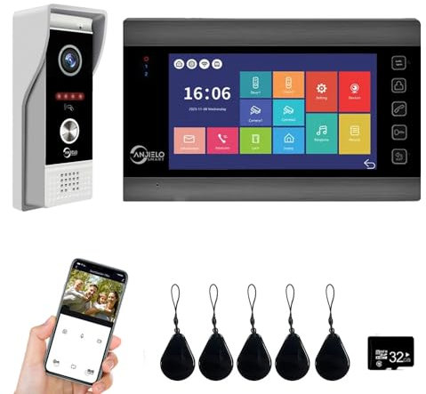 Sistema de intercomunicación visual con conexión de 4 hilos, cámara WiFi con monitor de 7 pulgadas, timbre con cable de 1080p, entrada de tarjeta y compatibilidad con detección de movimiento