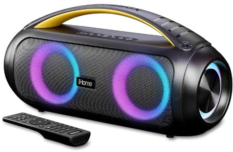 iHome Haut-parleur Bluetooth Boombox avec radio FM, lumières changeantes de couleur et télécommande, haut-parleur sans fil portable et rechargeable résistant aux éclaboussures (iBT920B.EXv24)