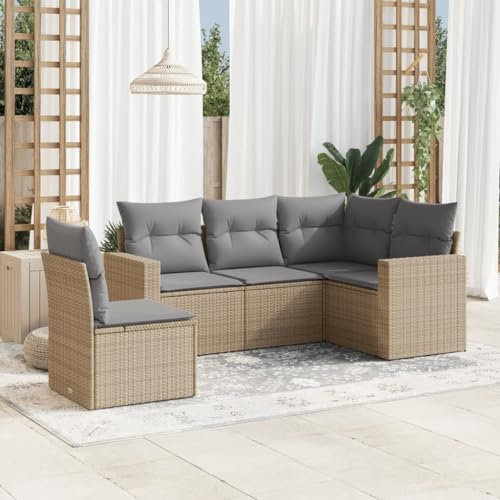 ULUYYUC 5-TLG. Garten-Sofagarnitur, Eckbank Küche Gartenstühle Balkonmöbel Hocker Geeignet für Außenbereich Balkon Garten Hinterhof mit Kissen Beige Poly Rattan