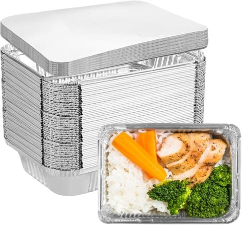 GBACHOOSE 50 Stück Aluschalen mit Deckel 1000ml, Aluschalen Grill, Alu Backformen Einweg Quadratisch, Alu Grillschalen für Braten, Backen, Kochen, Take away