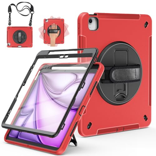 Miesherk Custodia per iPad Air 13 2025/2024 7a/6a Generazione: Case Cover Protezione completa del corpo di grado militare-Proteggi Schermo-Portapenne-Cavalletto Girevole-Tracolla da Mano/Spalla-Rosso