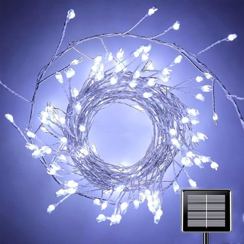 DINOWIN Solar Cluster Lichterkette Außen 29.5Ft 300 LED Wetterfest 8 Modi Silber Draht Lichterkette Outdoor für Balkon Garten Terrasse Party Hochzeit Deko (Weiß)