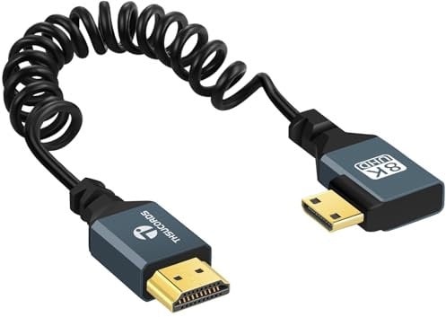 Thsucords Câble Spiralé 8K Mini HDMI vers HDMI, 90 Degrés Angle Droit,HDMI a Mini HDMI Mâle vers Mâle, Supporte 8K @ 60 Hz 4K @ 120 Hz 48 Gbps pour pour Nikon/Canon DSLR(90cm)