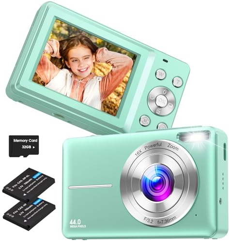 Appareil Photo Numérique avec Carte 32GB, 44MP 1080P HD Appareil Photo Numérique Compact avec écran LCD 16X Zoom numérique & 2 Batteries pour Les Adolescents,débutants(Vert)