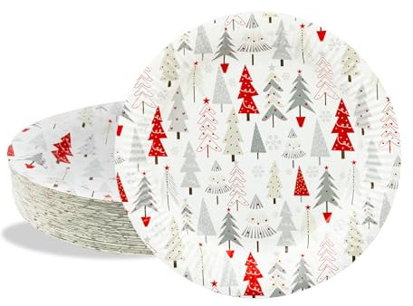 BFB Piatti di carta Natalizie 18cm Verde Albero di Natale 50 pezzi Piatti usa e getta, Set di Piatti da dessert monouso per feste