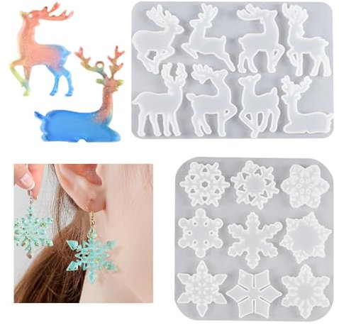Bekecidi 2 PCS Christmas Resin Moulds, Snowflake Elk Shape Silicone Moulds Reindeer Epoxy Resin Casting Moulds Silicone Pendant Mold for Keyring Earring Jewellery Making Kit Xmas Tree Ornament