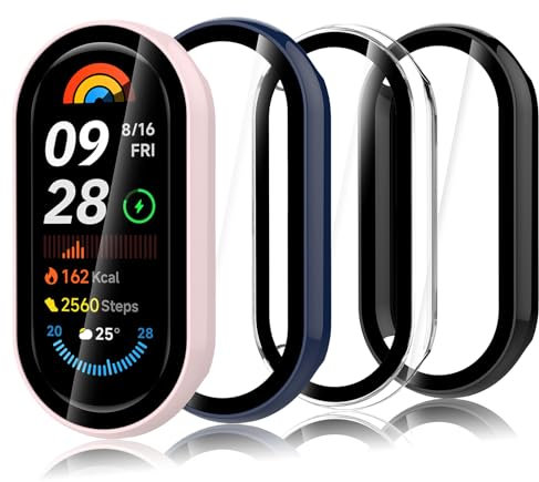 Bigqin 4 Piezas Funda Compatible con Xiaomi Smart Band 9, Protector de Pantalla Compatible con Xiaomi Smart Band 9- Transparente/Negro/Azul/Rosa