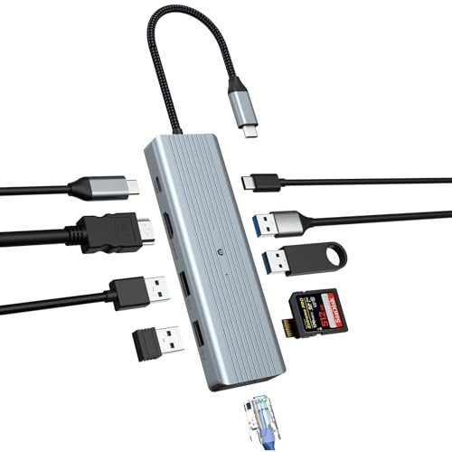 10 in 1 USB C Docking Station, USB C Hub USB C Adapter with 4K HDMI LAN RJ45, USB C 3.0, 100W PD, 2 USB A 3.0, 2 USB 2.0, SD/TF Ports