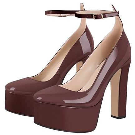 blingqueen Plateau Mary Janes mit Riemchen Schnallen High Heels Riemchenpumps Blockabsatz Chunky Pumps Lackoptik Burgundy 36 EU