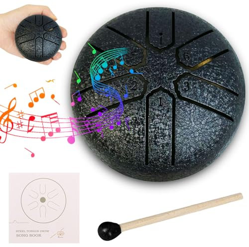 Zungentrommel,Rain Drum,3 Zoll 6 Tone Steel Tongue Drum,Stahlzungentrommel Schlagzeug Anfänger,Hand Pan Drum,Steel Pan Töne Schlaginstrument,Regentrommel,Handpan mit Schlägel,Percussion Instrumente
