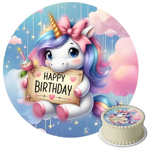 J&M DECO Essbare Tortenaufleger Einhorn - Runde Tortendeko 20 cm aus Oblatenpapier - Geburtstag Mädchen - Esspapier für Geburtstagskuchen - Einhorn-Motiv Kinderparty - Glutenfrei & Vegan
