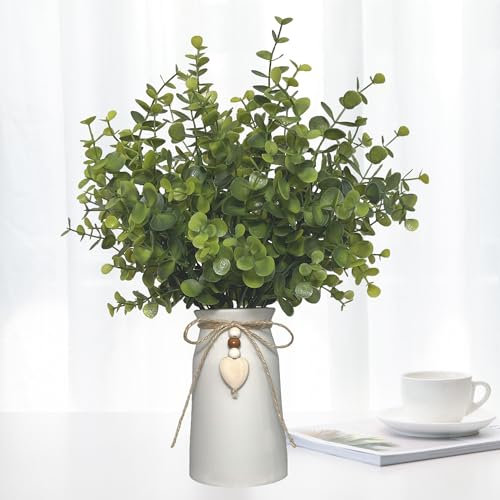 HOPEME Artificial Eucalyptus Plant in Ceramic Vase with Heart Charm Décor - Realistic Greenery for Home and Office, Modern Rustic Design