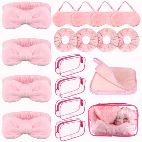 Kklolai Lot de 20 accessoires de fête spa pour filles – Bandeau facial avec nœud – Masque de sommeil en peluche rose – Chouchous en velours – Tissu démaquillant pour femmes – Pour dormir, la