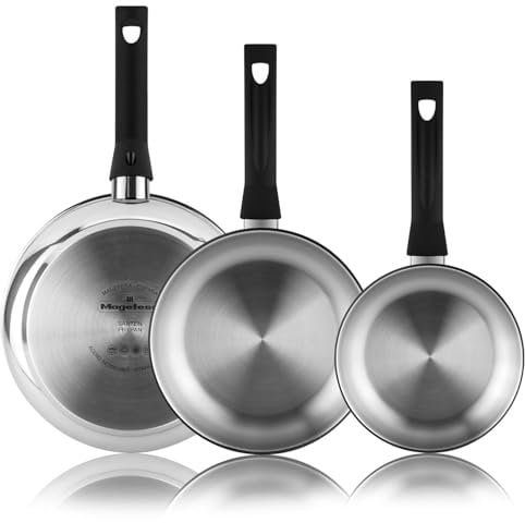 Magefesa Essencial Inox - Set de Sartenes Plateadas 18 + 24 + 26cm, Acero Inoxidable, Sin Recubrimiento ni Antiadherente, Ecológicas, Inducción