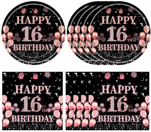 40 PCS 16th Birthday Decorations for Girls Black Rose Gold Happy 16th Birthday Plates and Napkins Party Supplies Disposable Tableware Set for Sweet Sixteen Party Deco