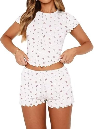 LACOZY Ensemble de pyjama 2 pièces pour femme à manches courtes avec haut court graphique et short Y2K