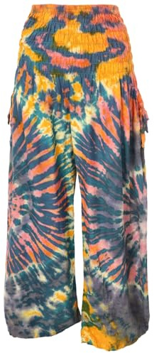Farbenfrohe Batikhose, Boho Palazzohose, weite Sommerhose, petrol, M | 100 % Viskose, luftige Passform, breiter elastischer Bund, seitliche Taschen, einzigartiges Batikdesign