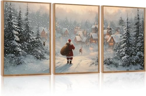 CHDITB 3 Stück Frohe Weihnachten Wandkunst,Weihnachts Bilder,Weihnachtsmann Wanddeko,Natur Winter Schneeszene Wandbild,Weihnachten Kamin Deko Neutral Weihnachtsszene Rahmen Kunstdruck,30x40cm