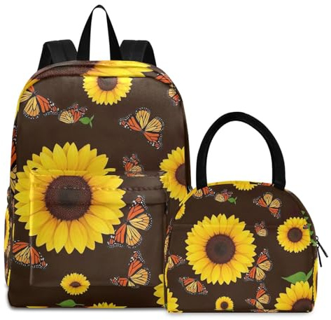 RPLIFE Mochilas, girasoles amarillos, mariposas, bolsa térmica impermeable, mochila para niñas con lonchera