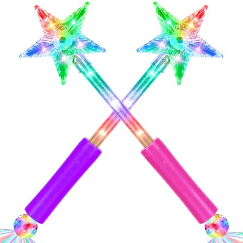 PartyFrenzy 2 Pack Stars LED Light Up Magic Wand for Kids, Princess Fairy Wand for Little Girl, Star Wand Perfect for Party Favors, Holiday & Birthday Events