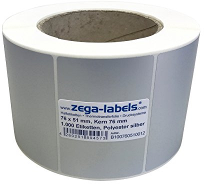 Polyester Thermotransfer Etiketten auf Rolle - 76 x 51 mm - aus PET Polyesterfolie silber für Typenschilder - 1.000 Stück je Rolle - Kern 76mm - Druckverfahren: Thermotransfer (Drucken mit Farbband)