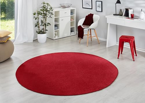Hanse Home Teppich Fancy Rund – Wohnzimmerteppich einfarbig Modern Velours Teppich für Esszimmer, Wohnzimmer, Kinderzimmer, Flur, Schlafzimmer, Küche – Rot, Ø200cm